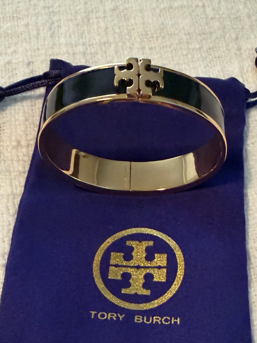 Tory Burch Black Enamel and Gold Logo Hinge Bangle